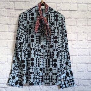 Arias New York Silk Tie Neck Blouse 12 Blue Red Polka Dot Geometric Long Sleeve